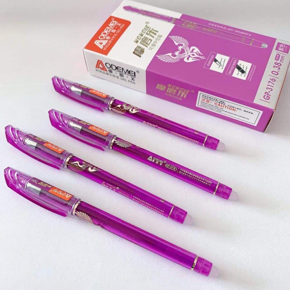 HỘP 12 CÂY BÚT XOÁ ĐƯỢC MỰC NHIỀU AODEMEI 3176 -  MỰC TÍM - ĐẦU BI 0.38 VIẾT ÊM - ĐỀU - ĐẬM - ĐẸP