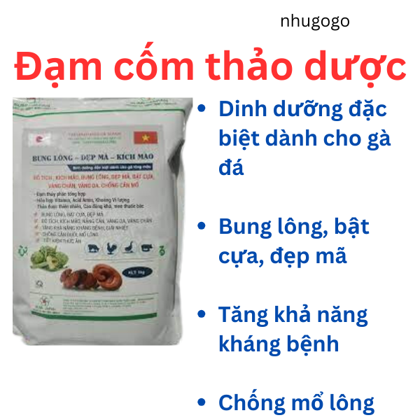 Bung lông, đẹp mã, kích mào 1kg đạm cốm thảo dược cho gà