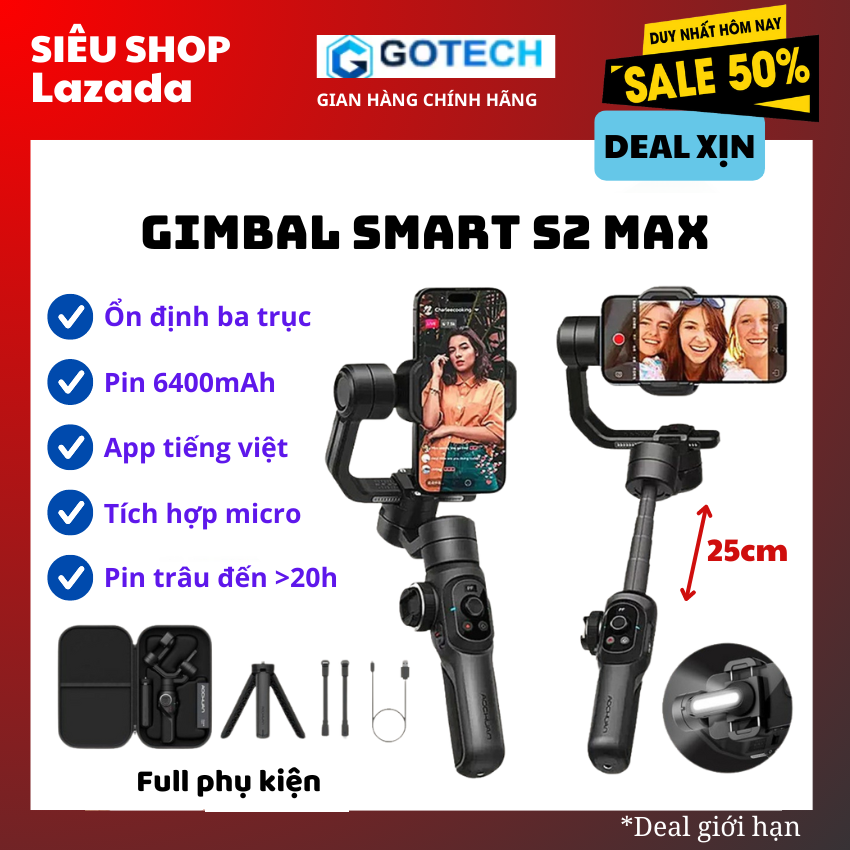 Gimbal Smart S2 Max chính hãng AOCHUAN - Gymbal chống rung hỗ trợ quay phim, chụp ảnh chuyên nghiệp - Gimbal xoay 360° - Gimbal chống rung