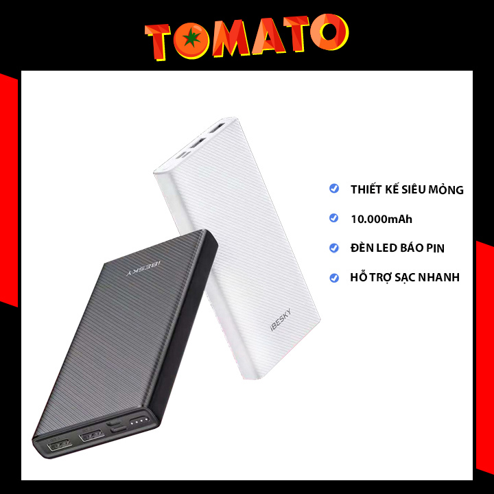 Pin dự phòng ibesky p10 10000mah thiết kế siêu mỏng cổng usb kép sạc nhanh và tiện lợi