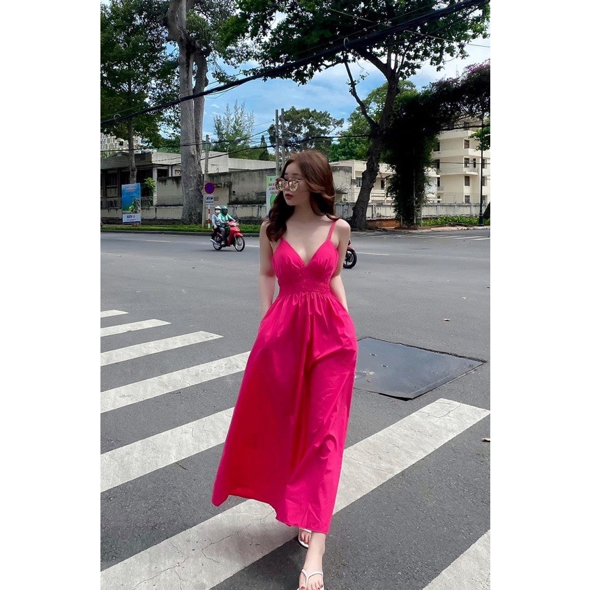 Đầm maxi bi bèo 2 dây màu hồng  Bán sỉ thời trang mỹ phẩm