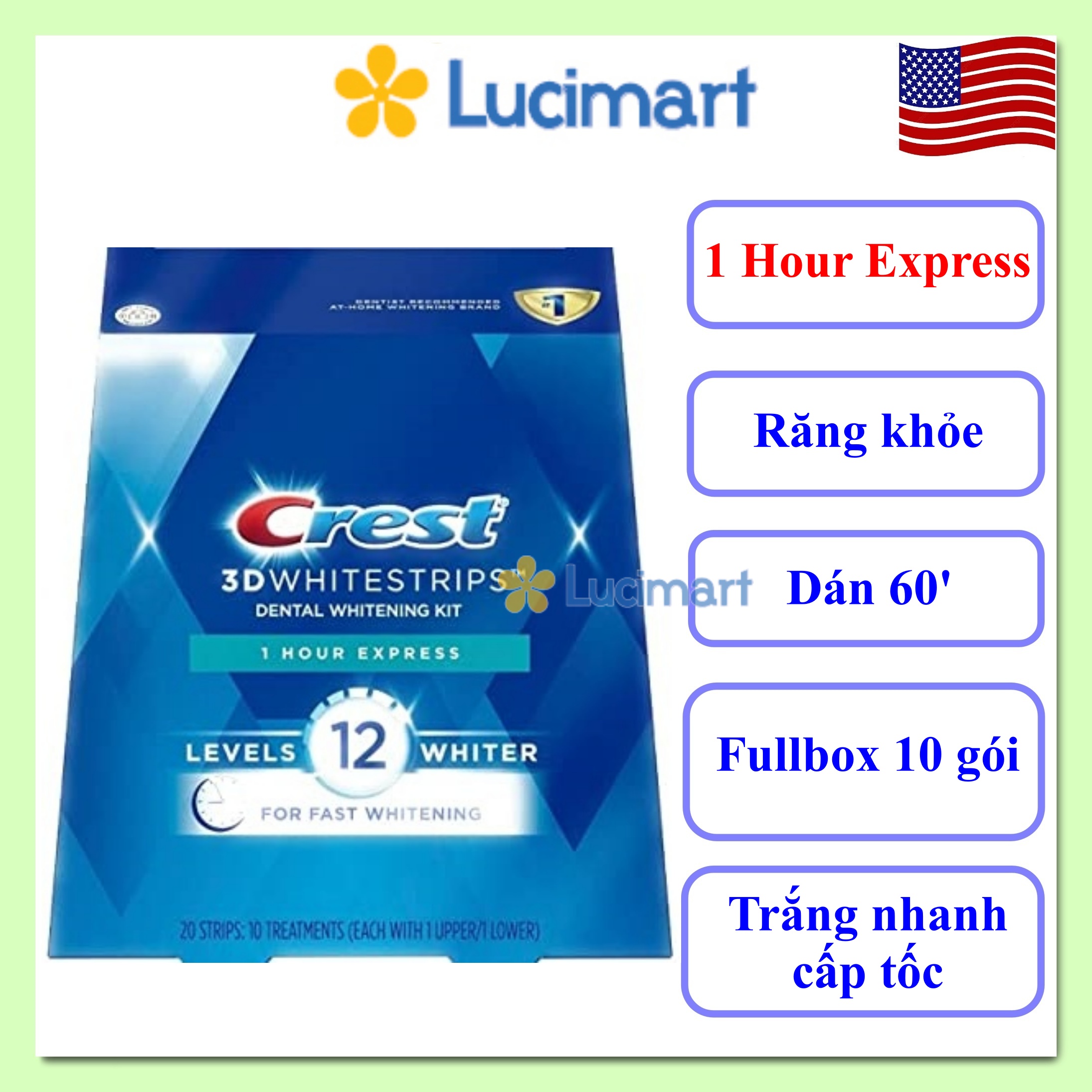 Miếng dán trắng răng Crest 3D Whitestrips 1 Hour Express Levels 12 Whiter [Hàng Mỹ]