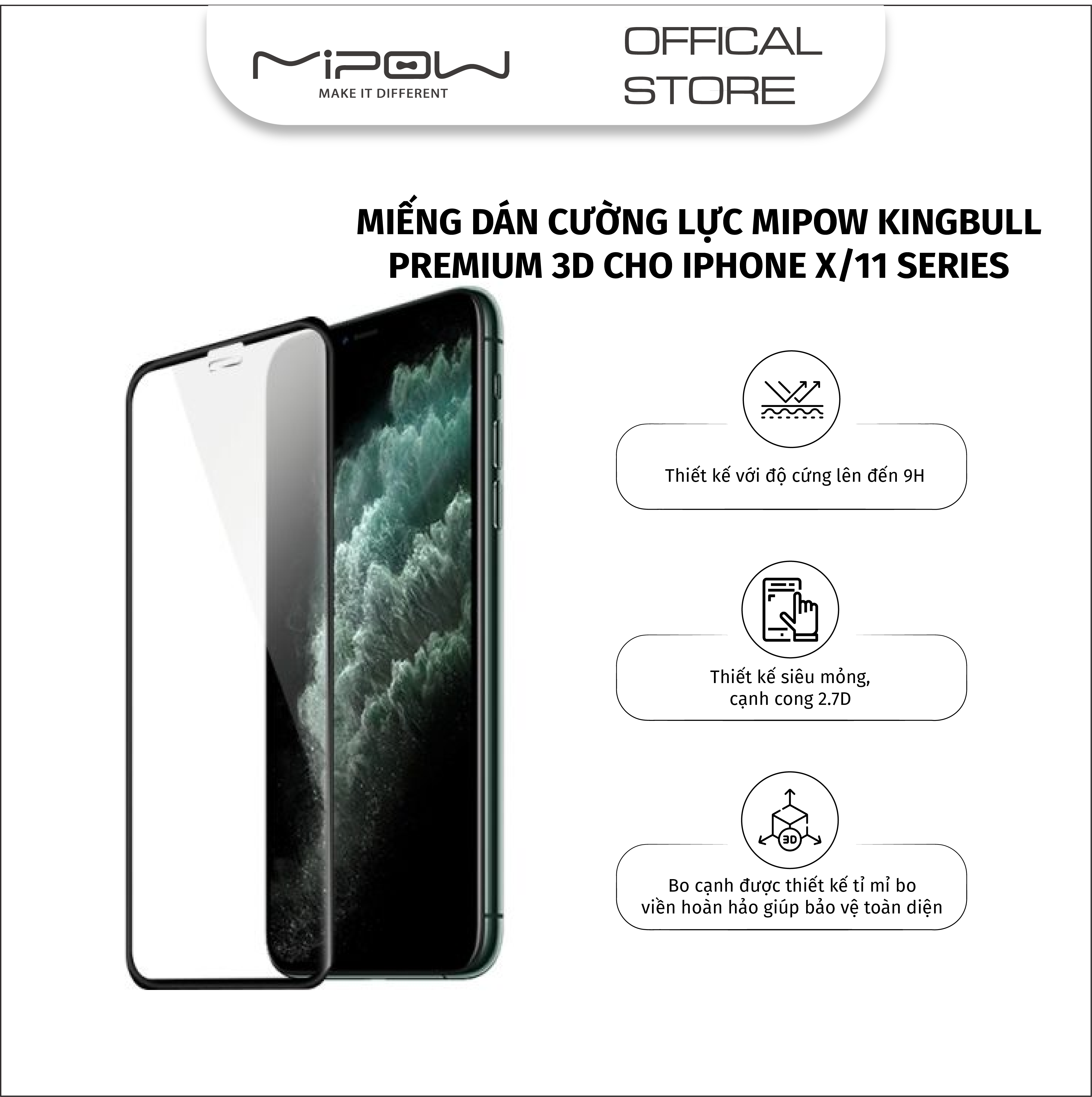 Dán cường lực mipow kingbull 3d premium cho iphone xr/x/xs/xsmax/11/11pro/11 promax