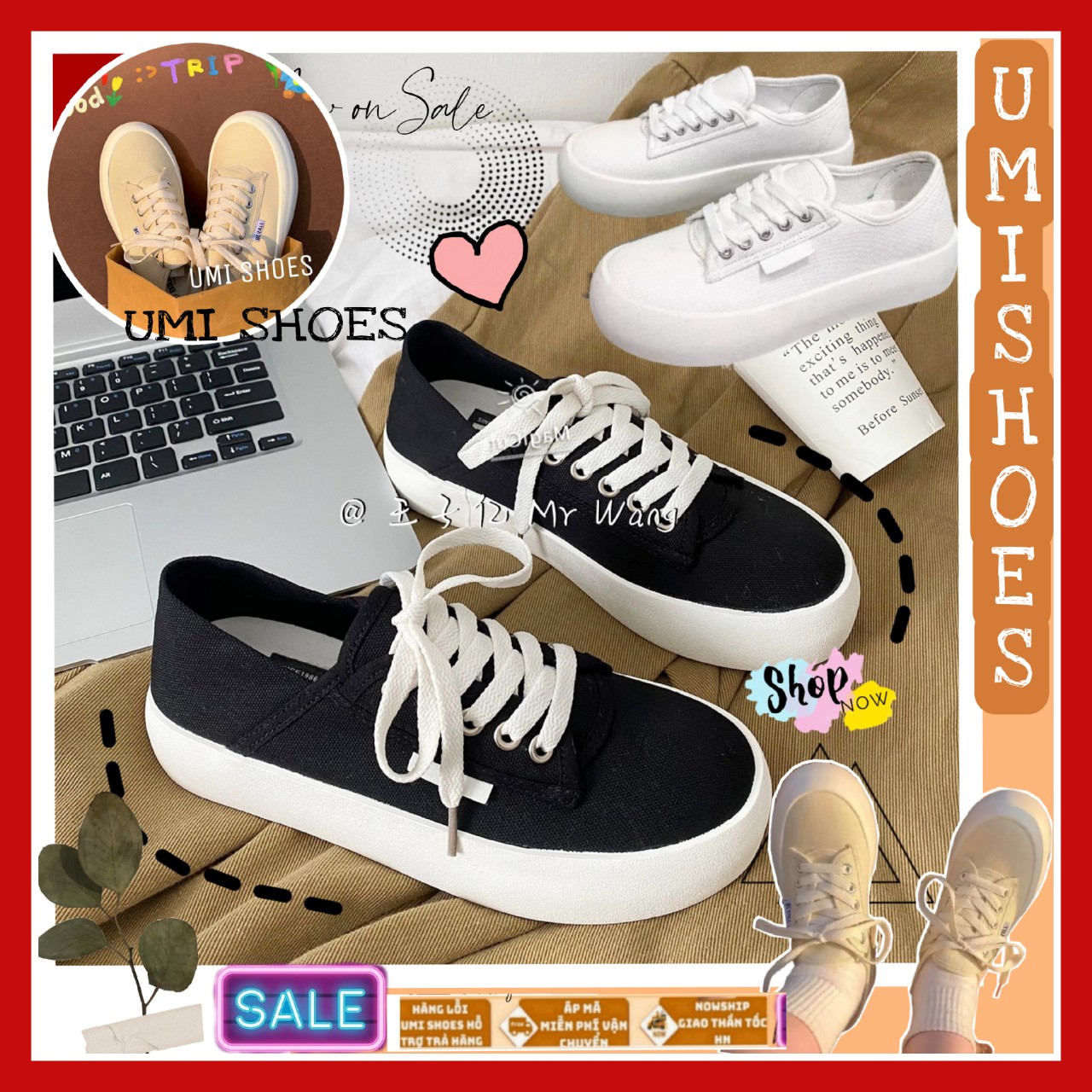 [CÓ SẴN] Giày thể thao nữ mã BAMI UMI SHOES đế bằng bánh mì basic độn đế vải canvas bata mới hot phong cách retro đẹp cá tính đẹp đơn giản buộc dây màu trắng đen kem xinh kiểu dáng Hàn quốc trend mẫu mới đi học đi chơi