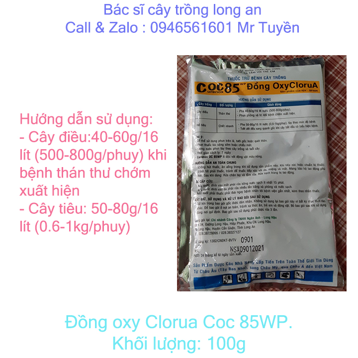 Thuốc trừ bệnh cây trồng đồng oxy Clorua Coc 85WP 100g.Đặc trừ bệnh chết nhanh trên hồ tiêu, thán thư trên điều