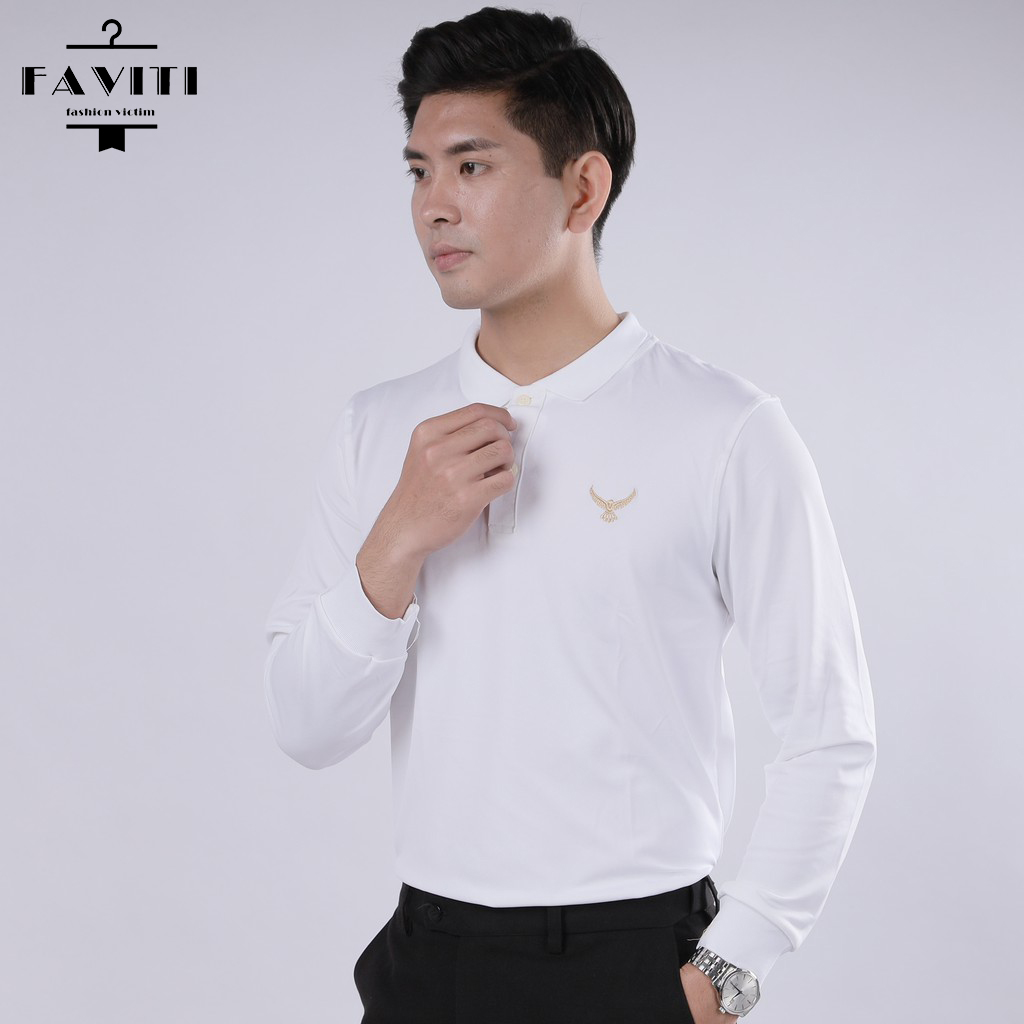 Áo Thun Polo Nam Trơn Thiết Kế Thêu Hình Đại Bàng Cổ Trụ Tay Dài Thời Trang Sang Trọng Cao Cấp FAVITI AT116