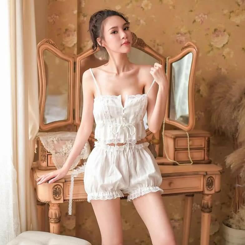 Bộ ngủ 2 dây ren trắng - lamia store - bn001