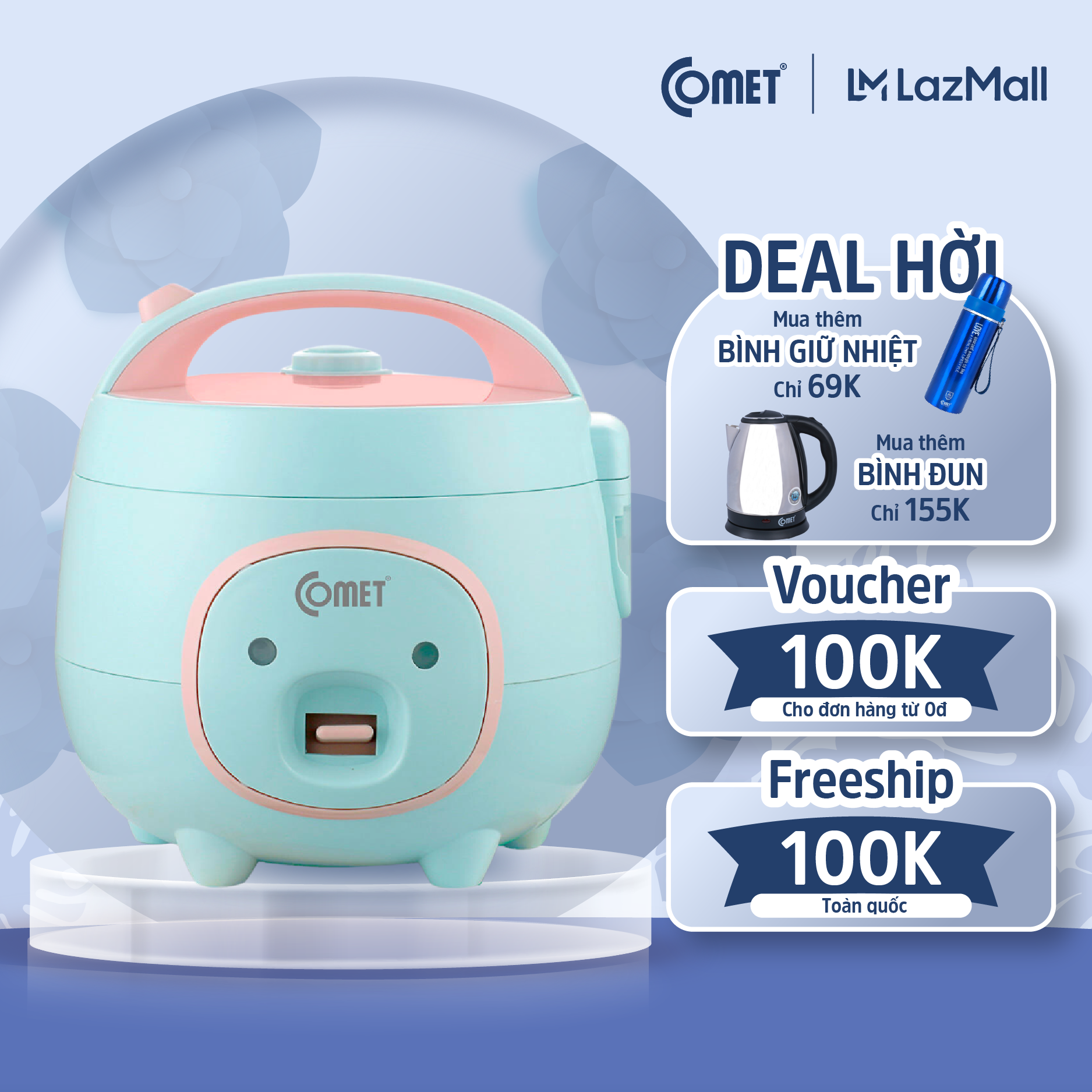 Nồi cơm điện mini nắp gài dung tích 0,8 lít, nồi cơm 1-3 người ăn, nồi nấu cho bé ăn dặm - comet cm8006 - nồi cơm heo con