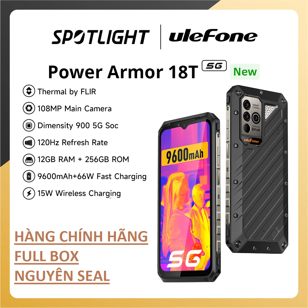 Điện thoại ulefone armor 18t (ram 12gb,rom 256gb,camera 108mp,camera nhiệt flir,pin 9600 mah,mạng 5g,chống nước,chống va đập, cpu: mediatek dimensity 900 (mt6877)