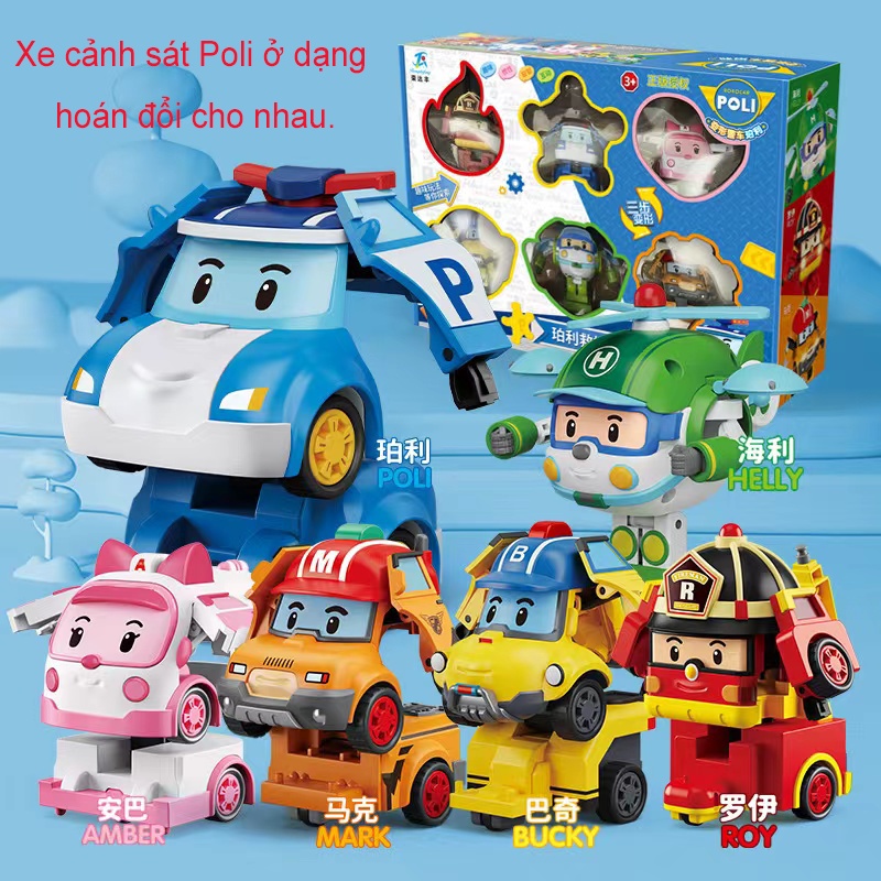 6 Xe đồ chơi Poli bị biến dạng, robot biến dạng, xe cứu hỏa xe cứu hộ xe đồ chơi trẻ em.