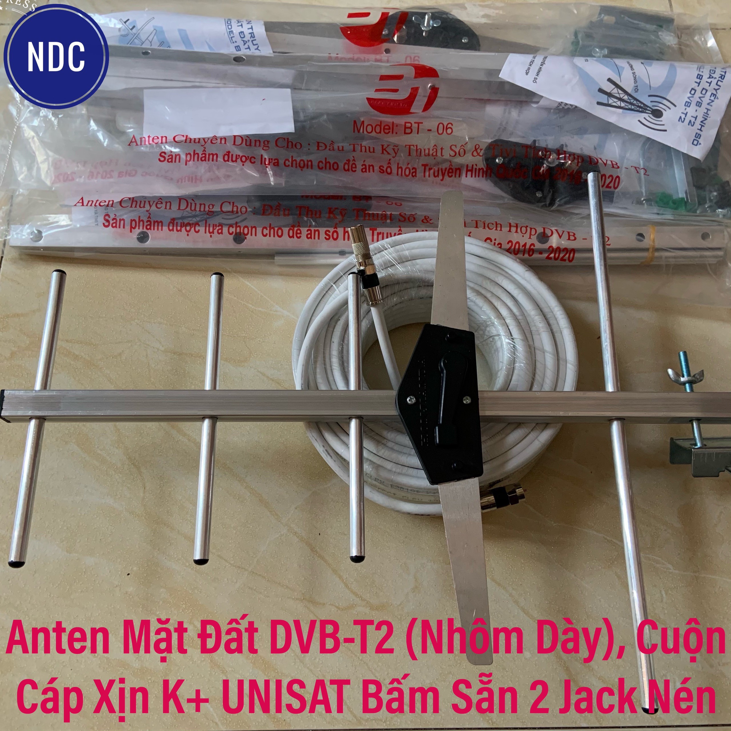 Anten Mặt Đất DVB-T2 (Nhôm Dày), Cuộn Cáp Xịn K+ AVG Bấm Sẵn 2 Jack Xịn