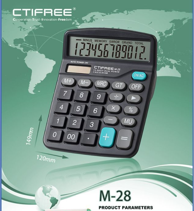 Máy tính cầm tay 12 số lớn rõ xài pin và năng lượng model m28 văn phòng-cửa hàng-tiểu thương-học sinh...