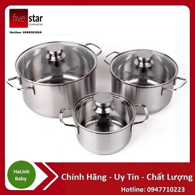 Nồi inox 3 đáy fivestar five star 20cm, 24cm, 26cm, 28cm nắp kính đáy từ dùng cho mọi loại bếp