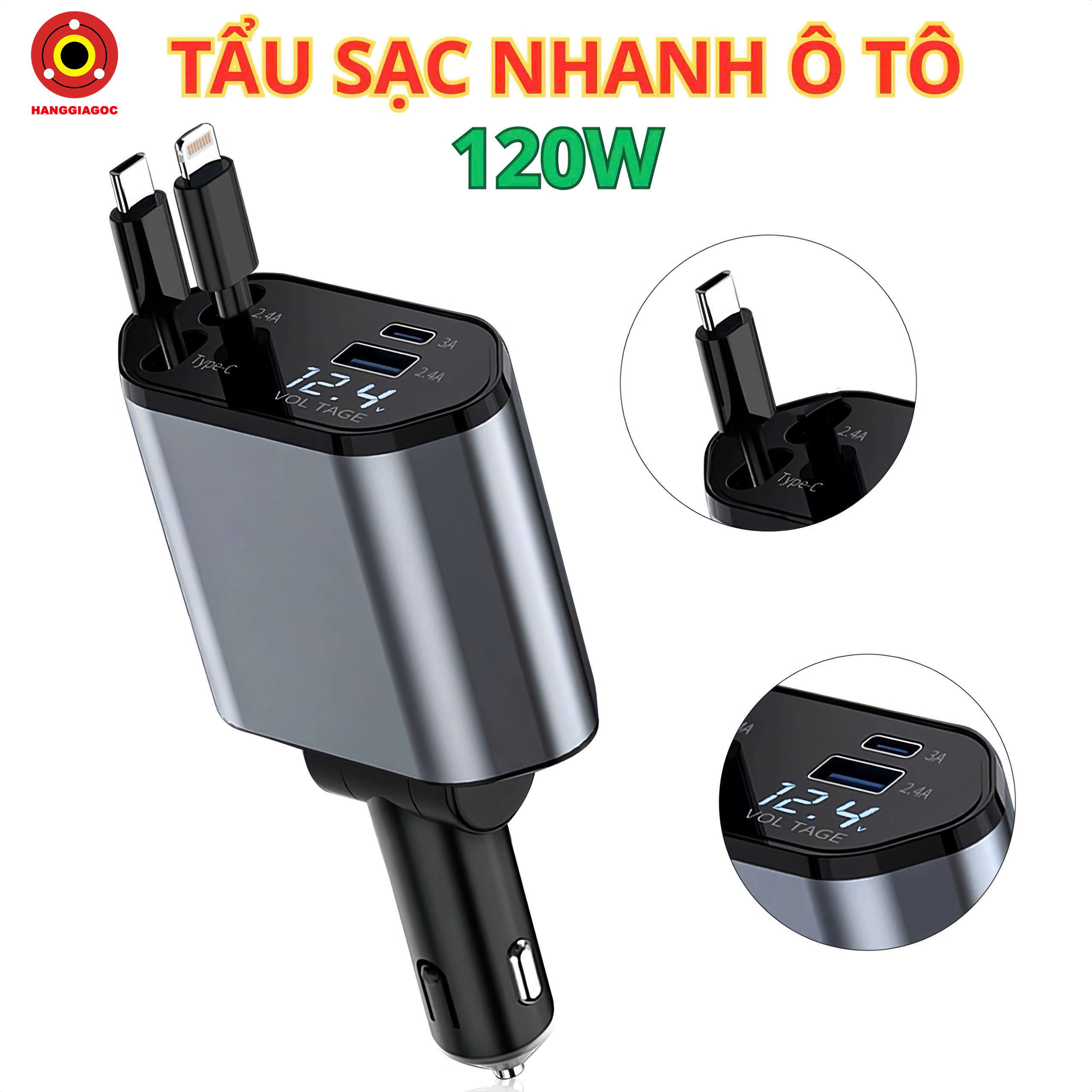 Tẩu Sạc Nhanh 120W Cho Ô Tô - Dây Rút Tự Động 4 Trong 1 Sạc Nhanh, Gọn Gàng, Đa Năng, Sạc Nhiều Thiết Bị