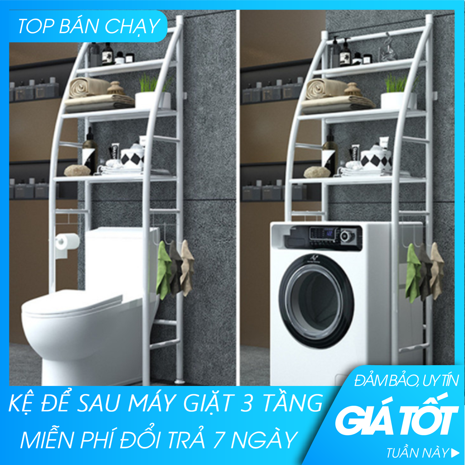 ( SẢN PHẨM CHẤT LƯỢNG) Kệ để sau máy giặt - Kệ để sau bồn cầu - 3 tầng Inox - Kệ sau toilet - Hỗ trợ đổi trả 7 ngày