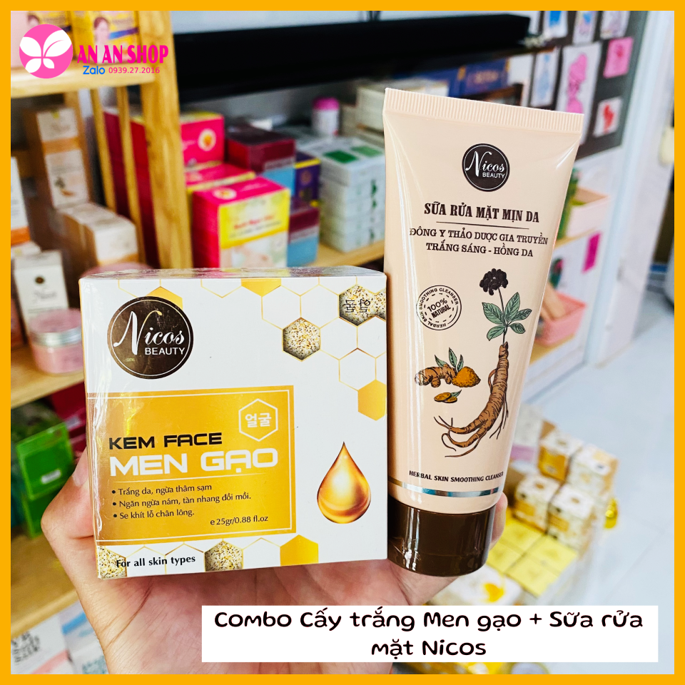 Combo Kem cấy trắng Men gạo Nicos + Sữa rửa mặt Nicos mịn da - Hàng chính hãng