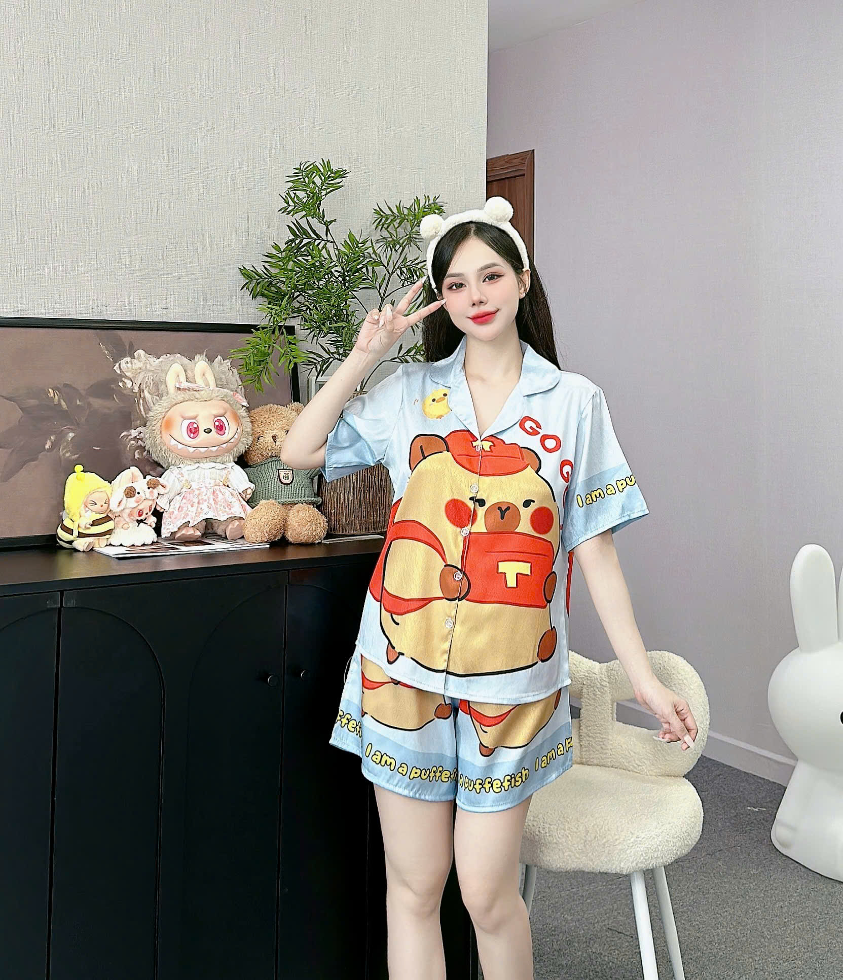 Đồ bộ đùi nữ CAPYBARA pijama mặc nhà ANH MỸ , đồ ngủ nữ lụa xước thiết kế cao cấp bigsize 40-75kg SP0334