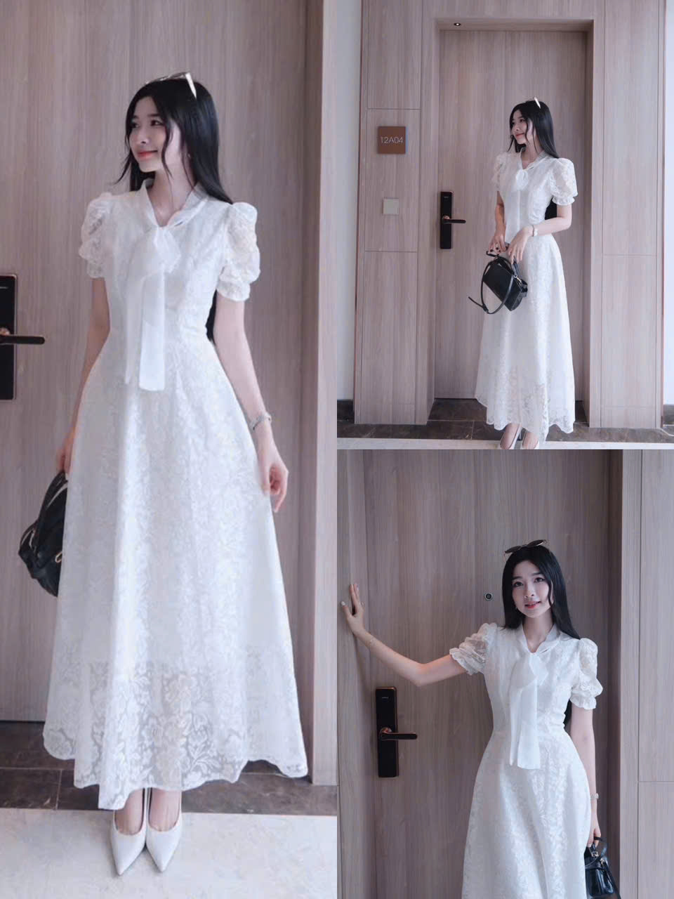 Đầm thời trang nữ chất ren tay ngắn cổ V thắt nơ xinh nhấn eo tôn dáng váy maxi dài xòe thiết kế sang chảnh