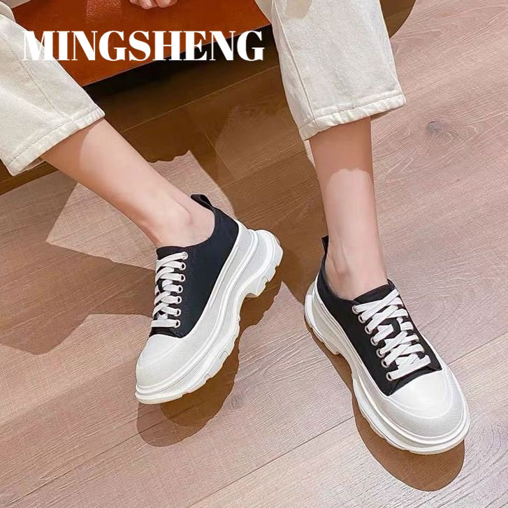 MINGSHENG McQueen Little White Shoes Women's Platform Canvas Women's Shoes New Spring and Autumn Explosive Muffin Shoes Versatile INS Trend