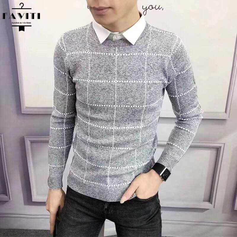 Áo len nam FAVITI cổ tròn lông cừu kẻ caro xuất dư AL68