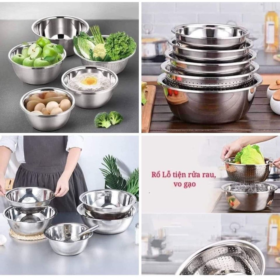 RỔ VÀ CHẬU SET 5 MÓN INOX đủ kích thước hàng cao cấp dùng cho nhà bếp rửa rau hoa quả tiện lợi cho mọi gia đình