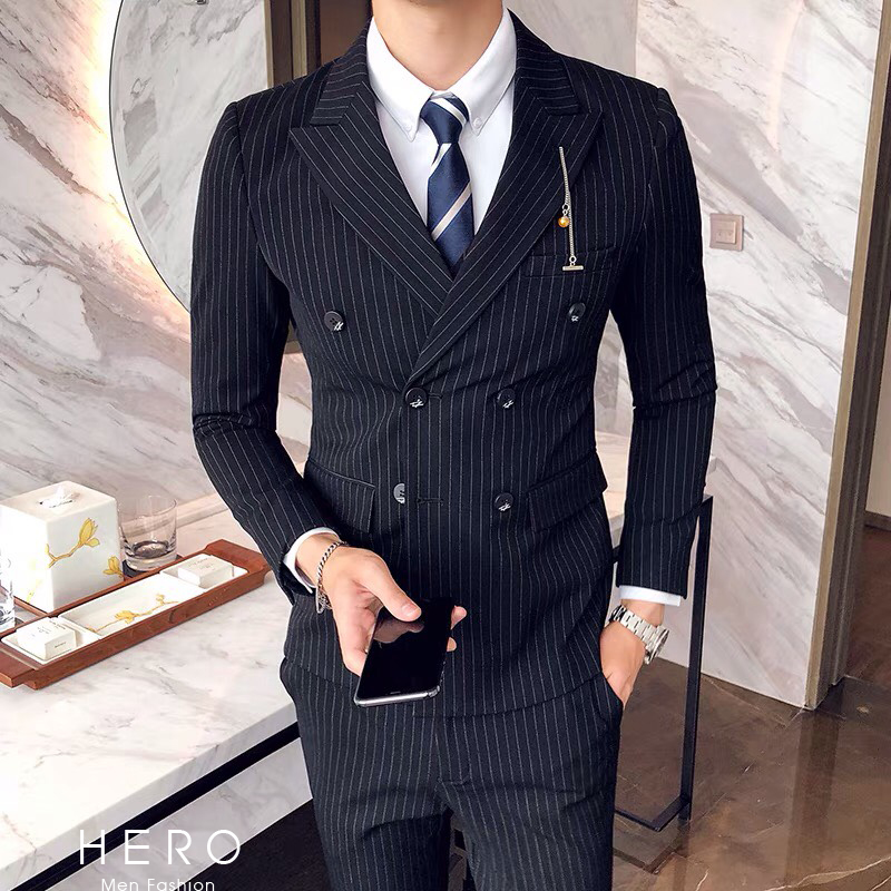 Bộ Vest Nam Hàn Quốc kẻ sọc màu đen, Bộ Suit Nam Cao Cấp Kẻ sọc đen
