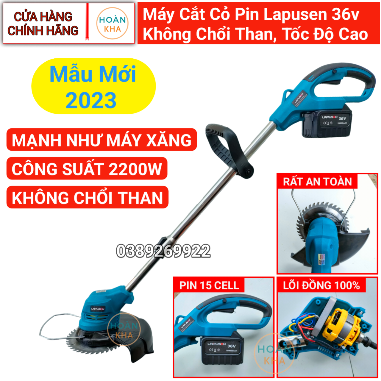 Máy cắt cỏ dùng pin LAPUSEN 2200w, pin khủng 25000mah, không chổi than, hàng chính hãng