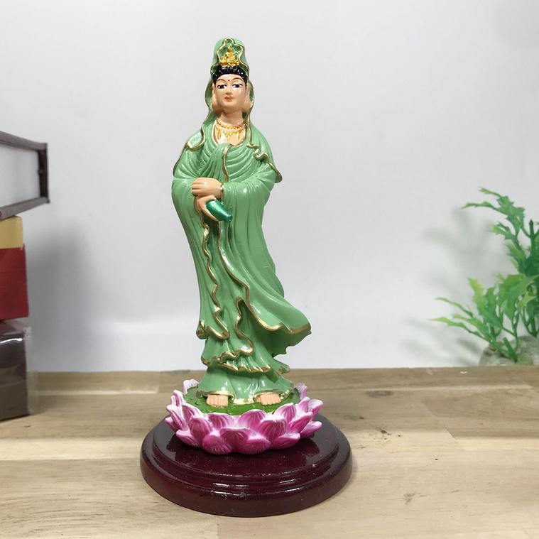 Tượng ngài Quan Thế Âm Bồ Tát đứng vẽ thủ công áo xanh cao 13cm