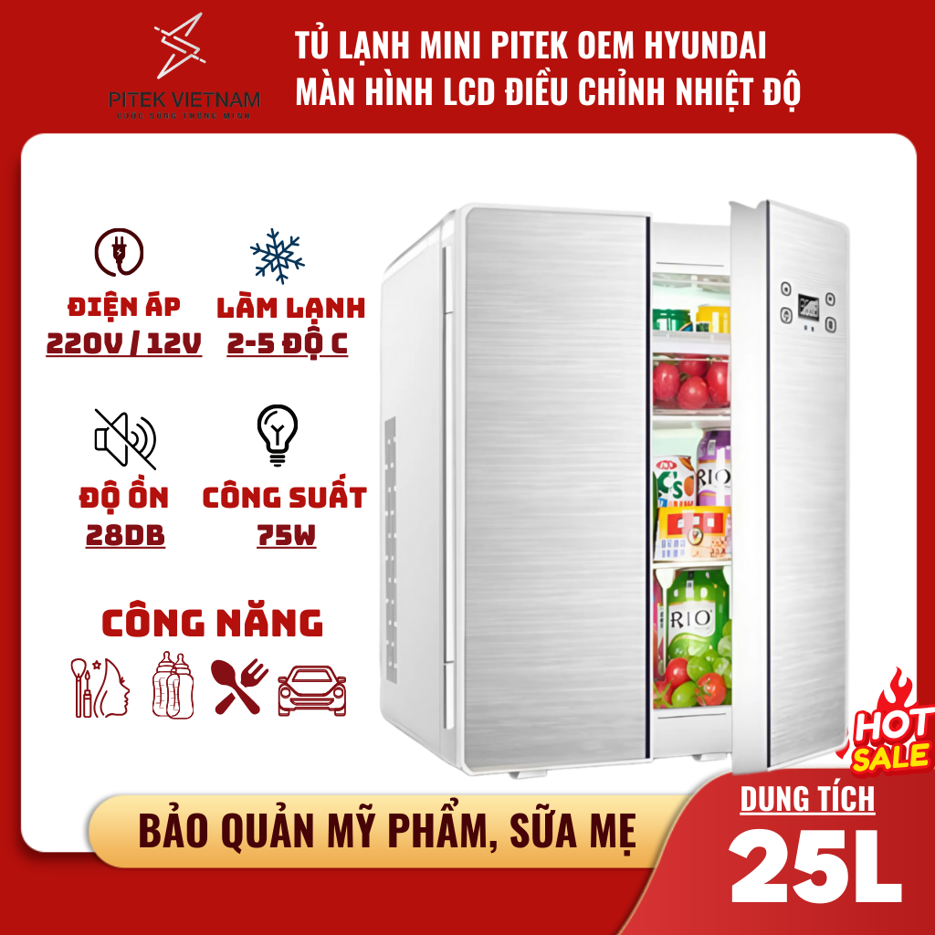 Tủ lạnh mini 2 cửa PITEK có màn hình cảm ứng điều chỉnh nhiệt độ, trữ sữa, bảo quản mỹ phẩm dung tích 25L