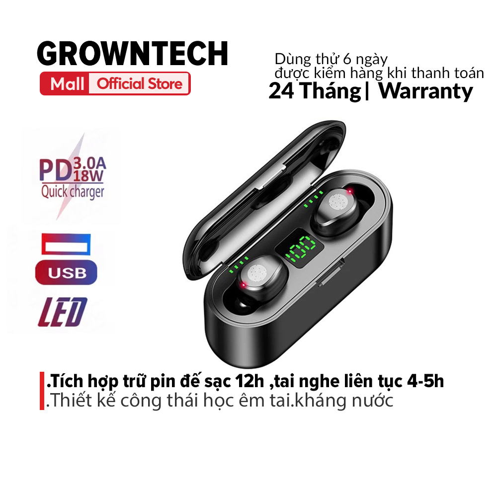 Tai nghe f9 pro chống thấm nước thể thao chạy bộ với hộp sạc 2200Mah GROWNTECH-F9 PRO, âm thanh nổi không dây điều khiển cảm ứng cho IOS Android Xiaomi Huawei