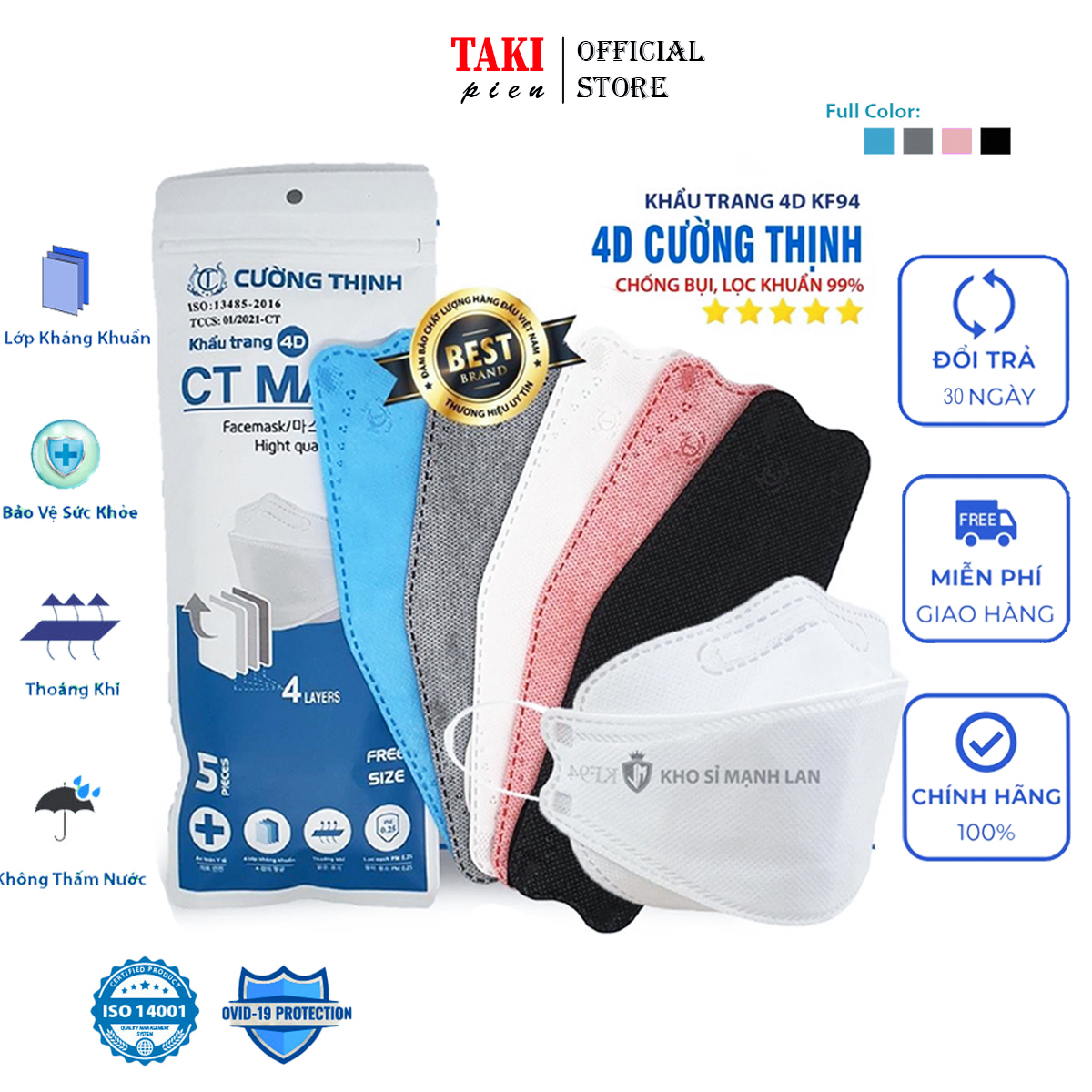 [Túi 10 cái] Khẩu trang kf94 hàn quốc Cường Thịnh 4 lớp kháng khuẩn chính hãng, kháng bụi mịn, công nghệ dập hàn quốc đảm bảo an toàn, đạt tiêu chuẩn iso (5 màu rắng, xanh, xám, hồng,đen)