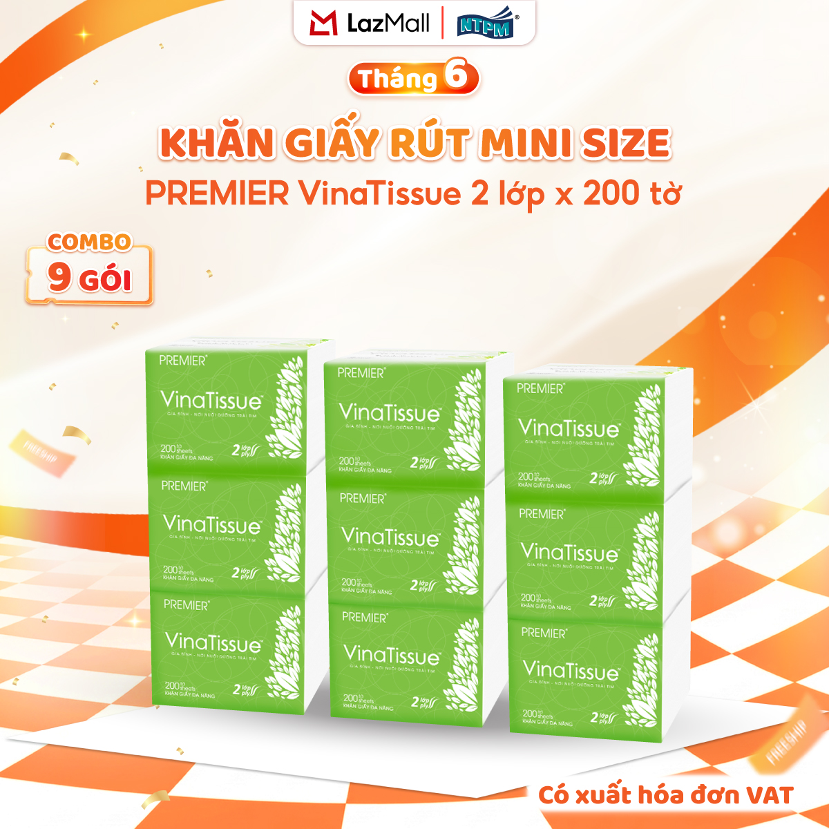 [COMBO 9 GÓI] Khăn giấy rút đa năng PREMIER VinaTissue, 2 lớp - 100% bột giấy nguyên sinh, không chất tẩy, 200 tờ/gói – Chính hãng