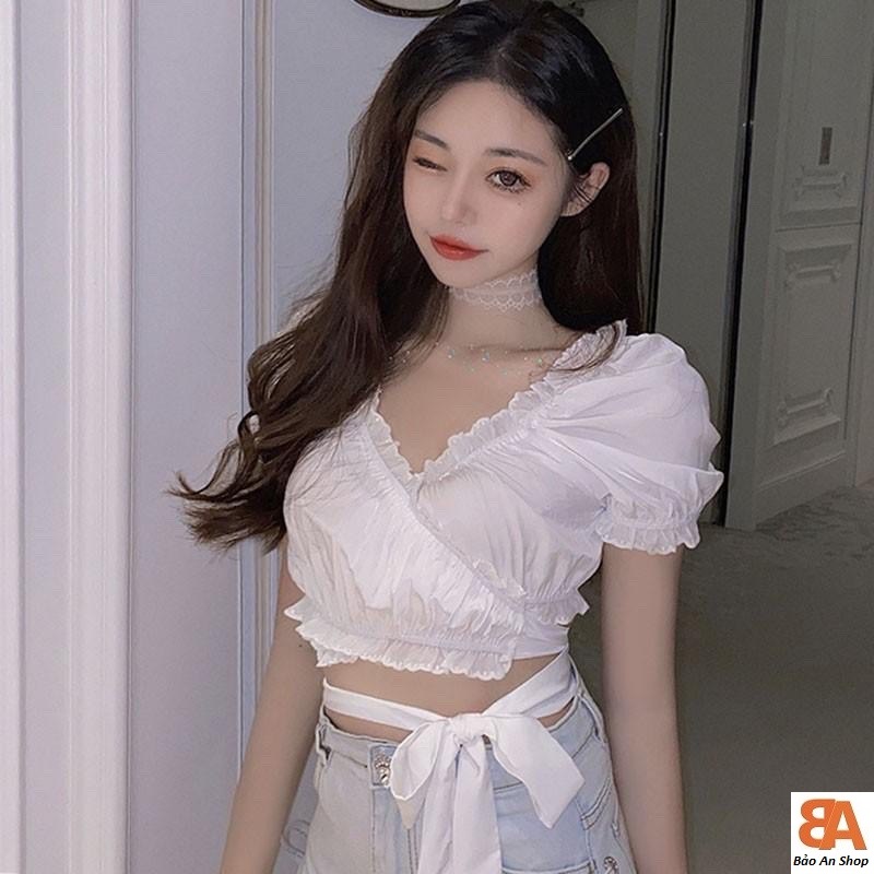 Áo kiểu nữ kate lụa nhún dây cột eo croptop FreeSize dưới 53kg