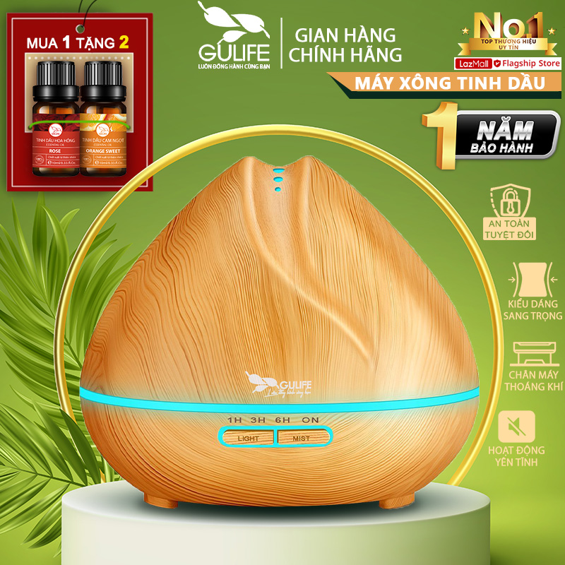 Máy Khuếch Tán Tinh Dầu Phun Sương Tạo Độ Ẩm Hình Búp Sen Vân Gỗ GULIFE  Có Remote Dung Tích 500ml - Tặng Kèm Tinh Dầu Nguyên Chất - Máy Khuếch Tán Tinh Dầu - MKT02