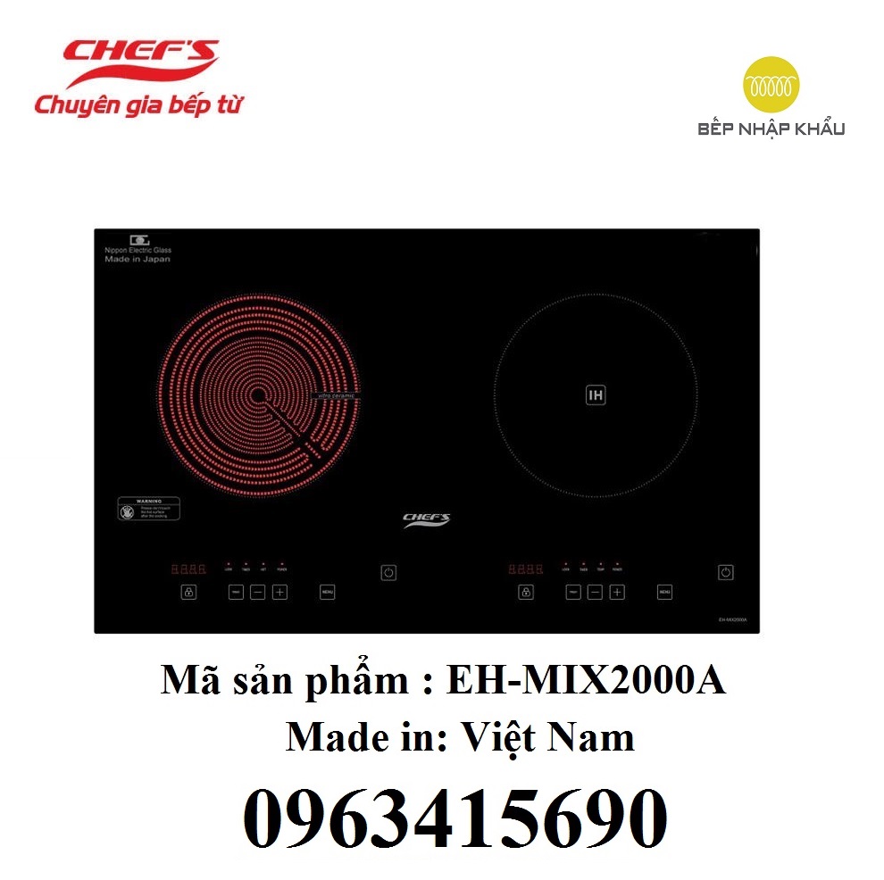 Bếp âm từ - hồng ngoại Chefs EH-MIX2000A - hàng chính hãng, thiết kế đẹp mắt, tinh tế, nhiều tính năng thông minh, giúp nâng cao hiệu quả nấu nướng, tiết kiệm điện năng