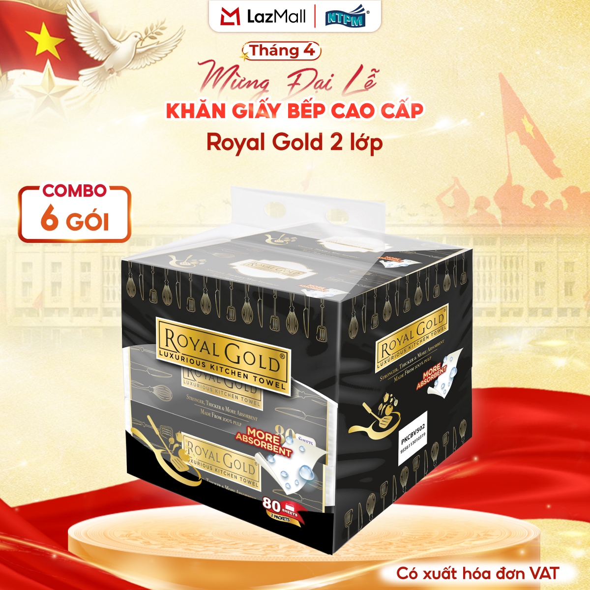 [COMBO 6 GÓI] Khăn giấy bếp cao cấp đa năng Royal Gold, 2 lớp - 100% bột giấy nguyên sinh, không chất tẩy, 80 tờ/gói - Chính hãng