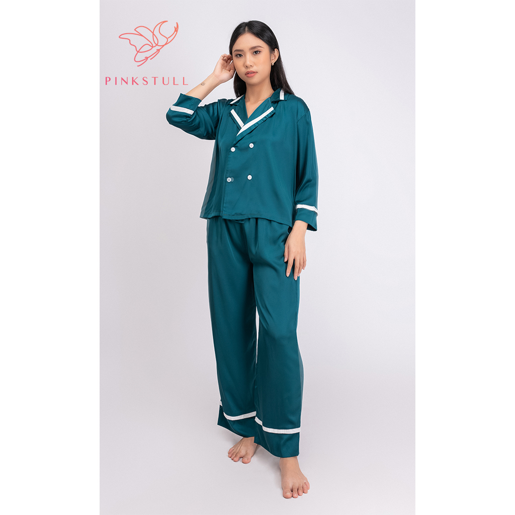 Bộ đồ ngủ Pijama Pinkstull tay dài quần dài xanh cổ vịt