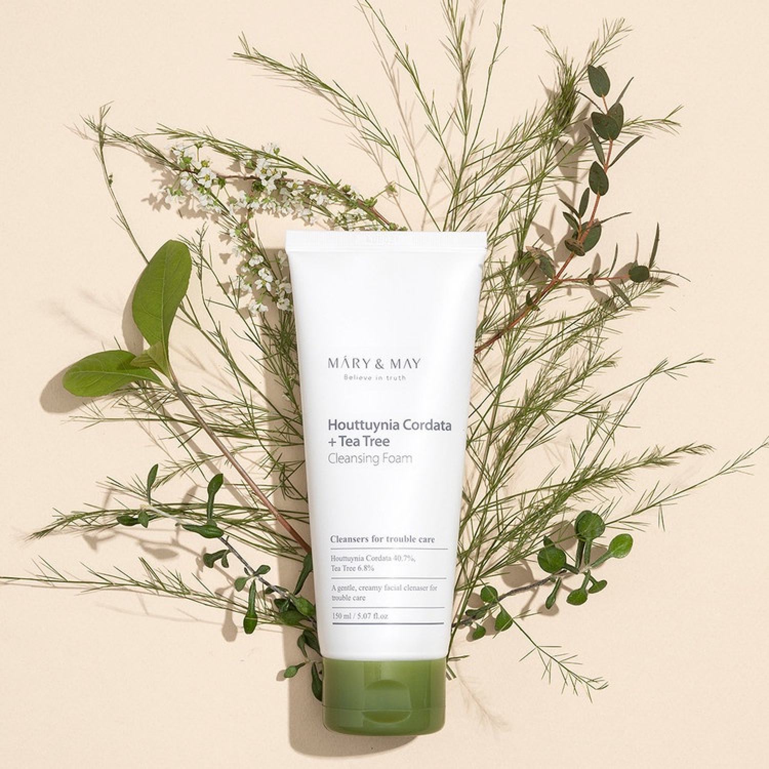 Sữa rửa mặt tràm trà, diếp cá cho da mụn Mary&May Houttuynia Cordata + Tea Tree Cleansing Foam 150ml - nun.cleanbeauty