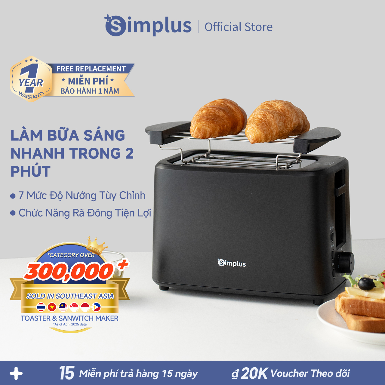  Simplus Máy Nướng Bánh Mì 7 Mức Nhiệt 3 Chức Năng Rã Đông Công Suất 700W Khay Nướng Đa Năng Tự Động Bật Lên  DSLU007 
