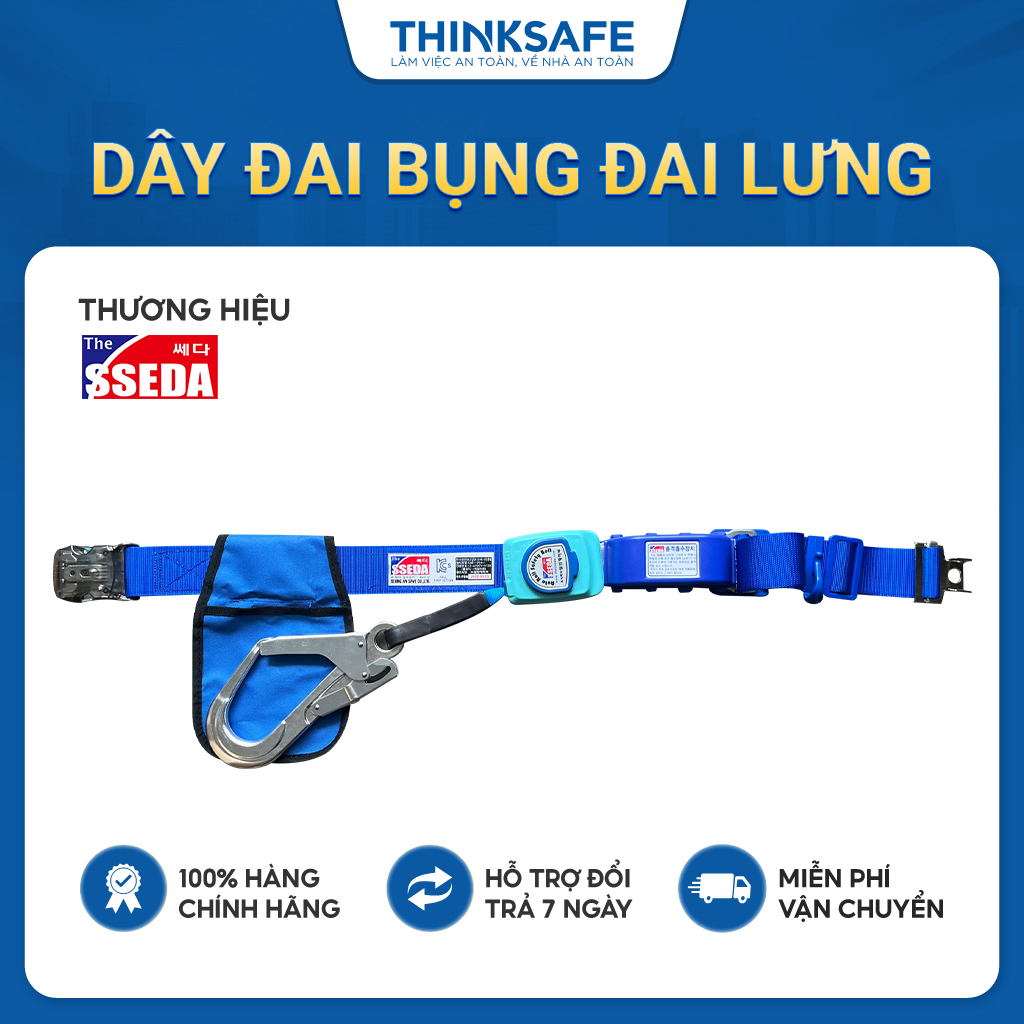 Dây đai an toàn SSEDA Belt móc nhôm tự rút kèm giảm sốc đây móc có nút bấm rút tự động có túi dụng cụ thi công trên cao chính hãng - Thinksafe
