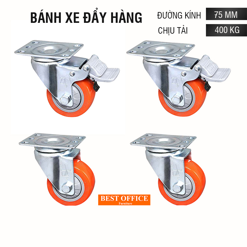 Bộ 4 bánh xe đẩy hàng 75mm, chịu tải 400kg LOẠI TỐT nhựa cường lực siêu bền, di chuyển đa mặt sàn, lắp cho xe kéo, xe đẩy hàng