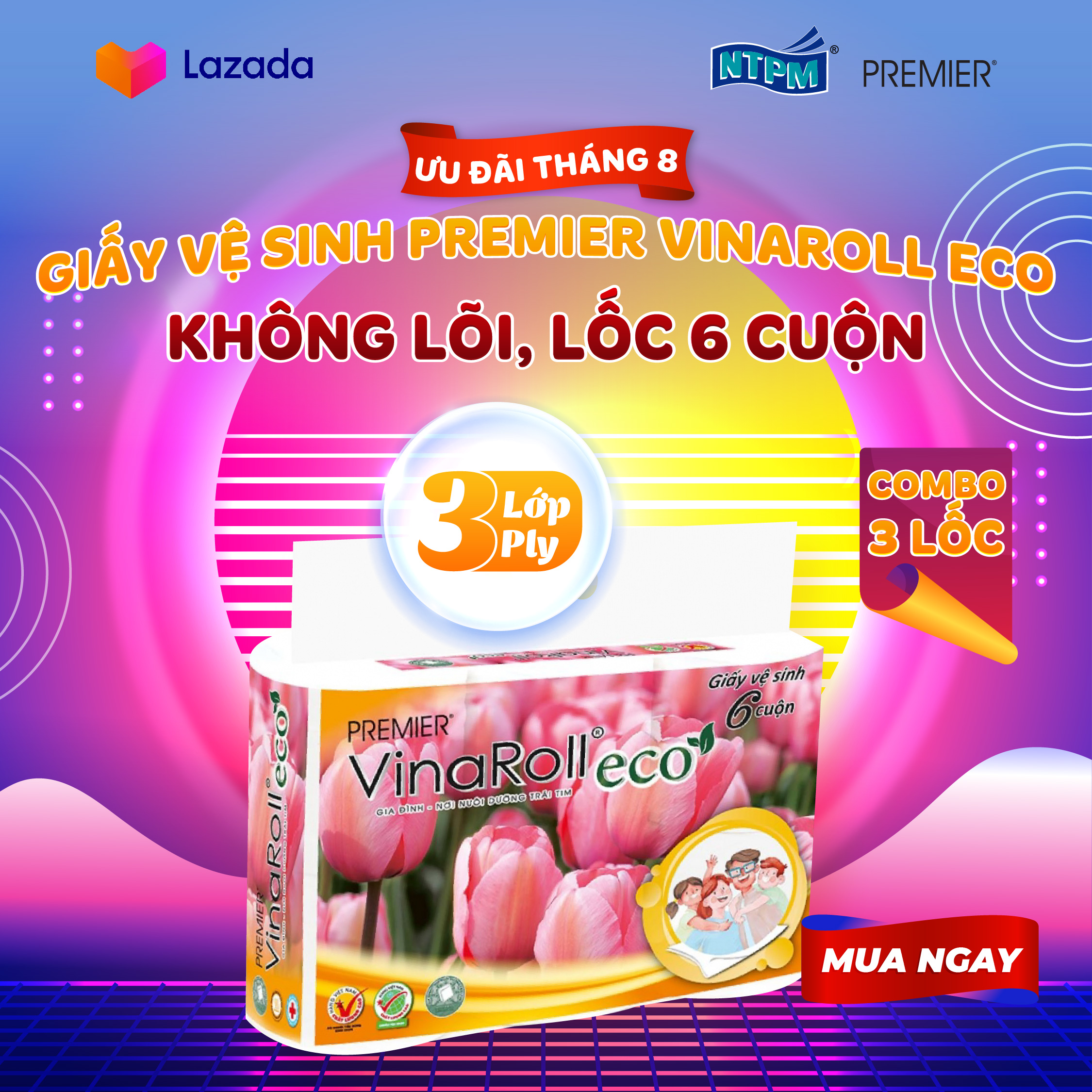 Giấy vệ sinh Premier VinaRoll Eco không lõi, 3 lớp 100% bột giấy nguyên sinh, không chất tẩy lốc 6 cuộn