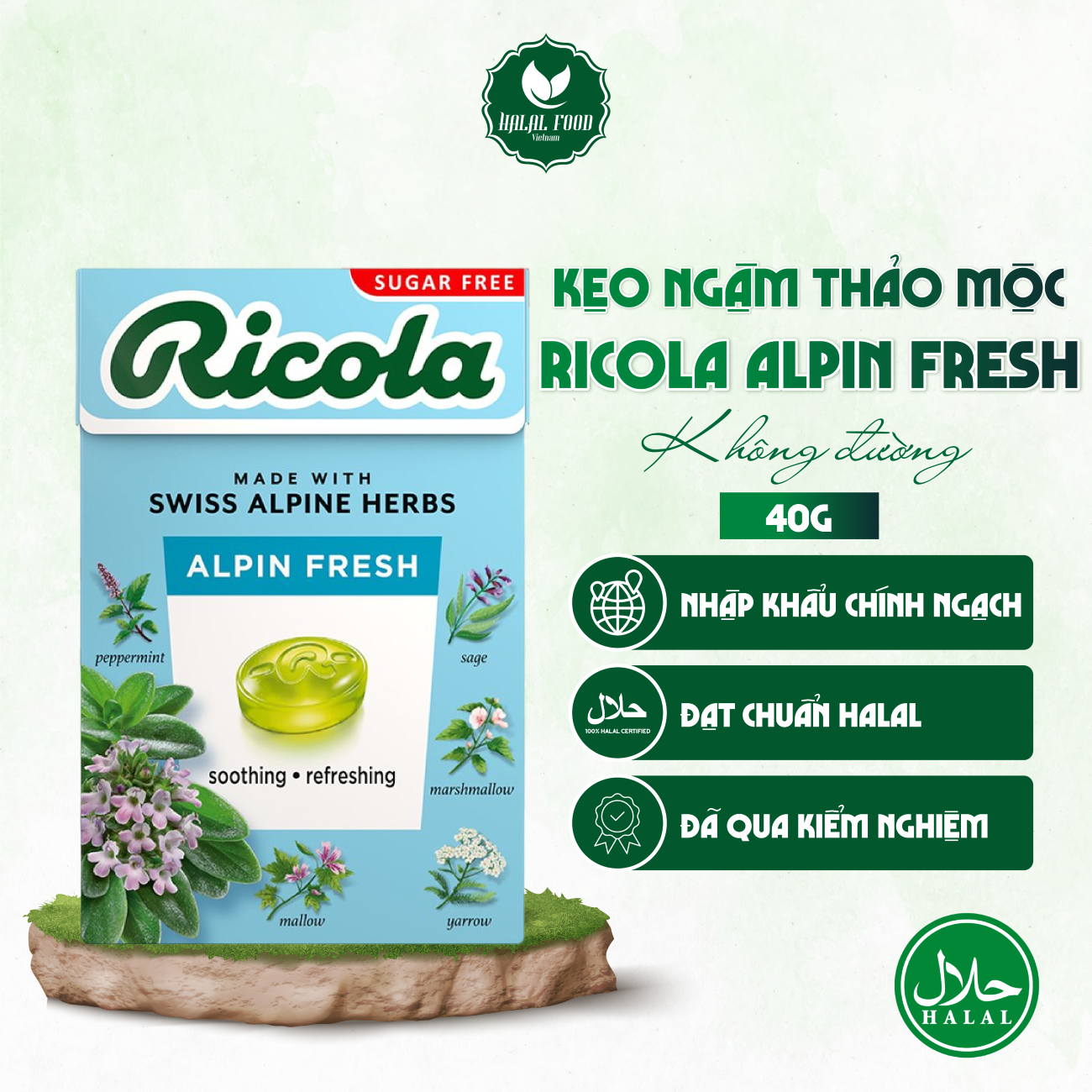 Kẹo Ngậm Thảo Mộc Ricola Alpin Fresh Không Đường 40g - Ricola Lozenges Herb Candy Halal Food Việt Nam