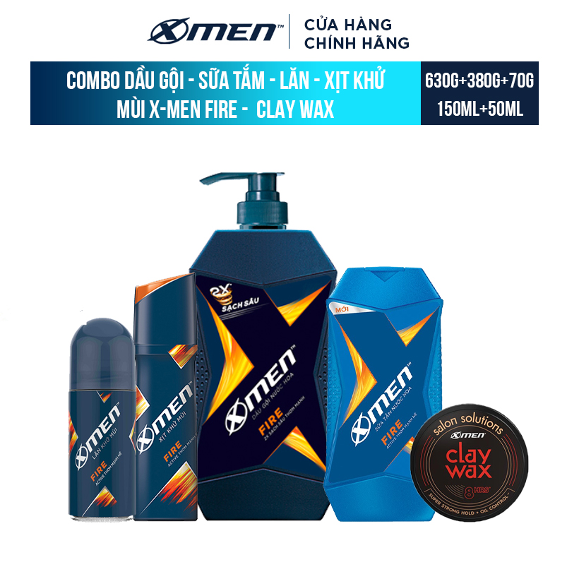 Bộ 5 sản phẩm xmen fire: dầu gội xmen fire 650g + sữa tắm xmen fire 380g + xịt khử mùi xmen fire 150ml + lăn khử mùi xmen fire 50ml + sáp đất sét xmen salon solution - clay wax 70g