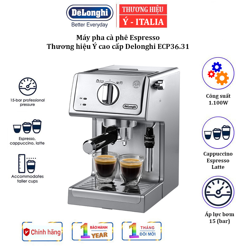 Máy pha cà phê Espresso Thương hiệu Delonghi Italia ECP36.31 Công suất 1100W dung tích 1.1L - Bảo hành 12 tháng, hàng chính hãng