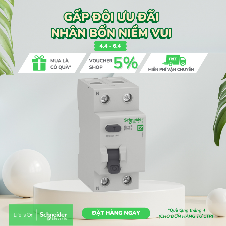 Cầu dao tự động chống dòng rò - Easy9 RCCB - 2P - 30mA - 240VAC - Schneider Electric - EZ9R36225 EZ9R36240 EZ9R36263
