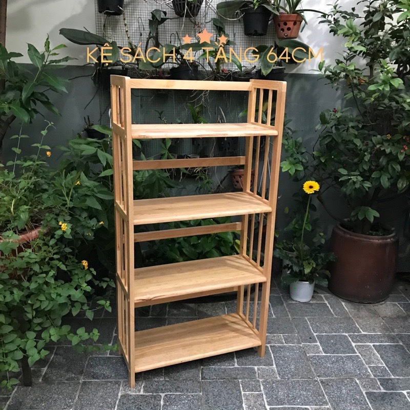 Kệ sách 4 tầng ngang 64 cm kệ gỗ cao su đa năng hàng lắp ráp