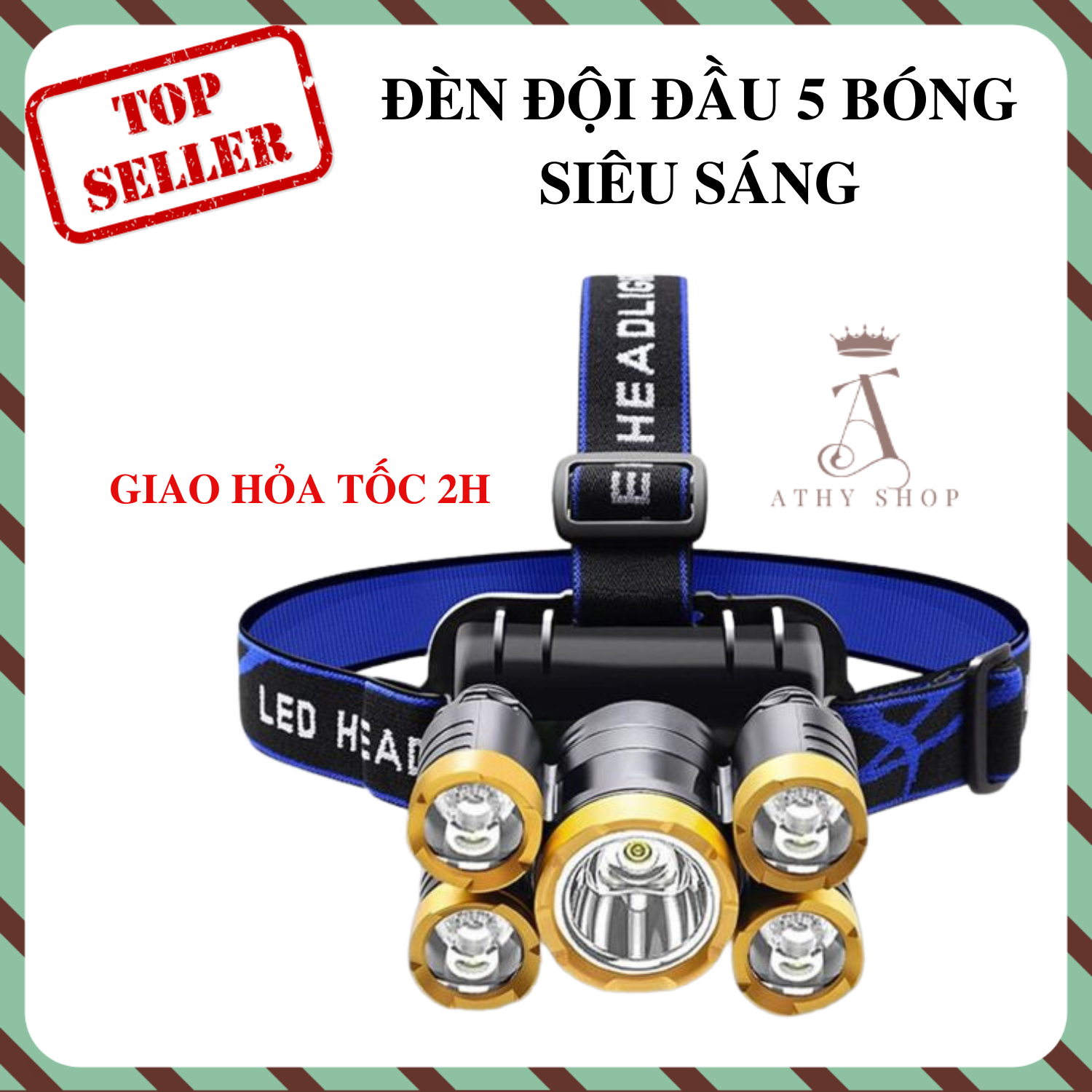 Đèn đeo đầu 5 bóng siêu sáng pin sạc đi du lịch thám hiểm rừng đạp xe ban đêm đèn pin đội đầu chiếu xa cực sáng athy shop