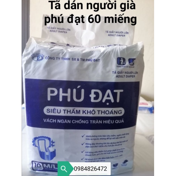 Tã bỉm dán người già phú đạt mẫu mới 60 miếng có 2 vách chống tràn 2 bên size m /l từ 40_80kg dùng siêu tiết kiệm