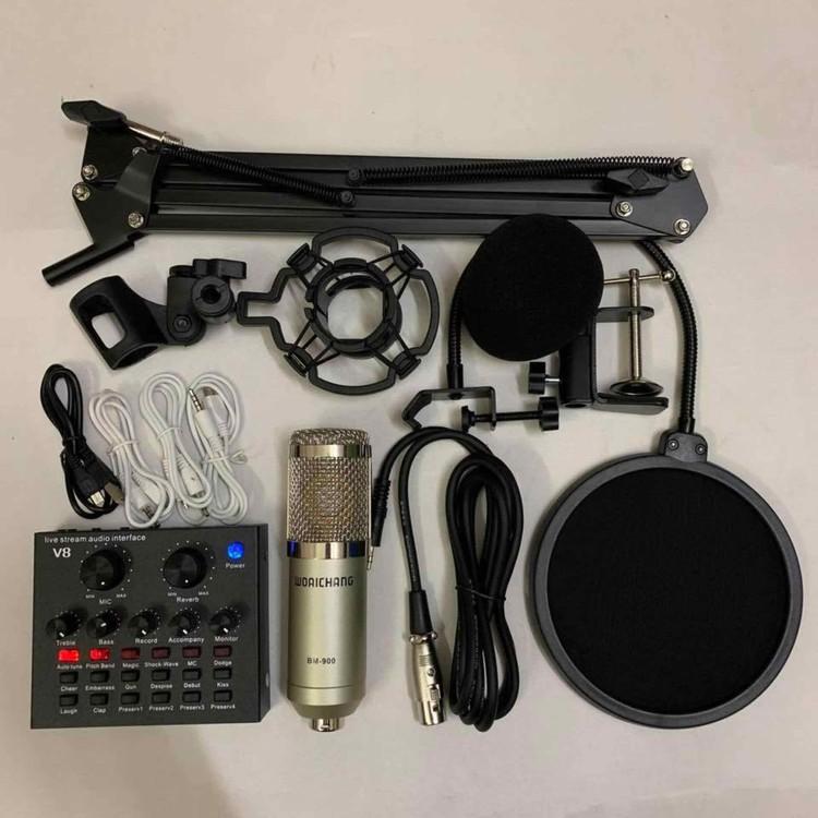 Combo bộ mic thu âm live stream karaoke woaichang BM 900 V8 chân mang lọc